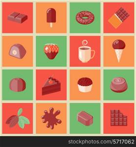 Chocolate dessert chips cacao bars flat icons set isolated vector illustration
