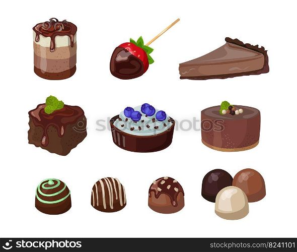 Chocolate desserts set. Vector illustrations of sweet food and snacks. Cartoon round or square cakes and biscuits, strawberry with ganache isolated on white. Confectionery, pastry shop menu concept. Chocolate desserts set