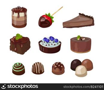 Chocolate desserts set. Vector illustrations of sweet food and snacks. Cartoon round or square cakes and biscuits, strawberry with ganache isolated on white. Confectionery, pastry shop menu concept. Chocolate desserts set