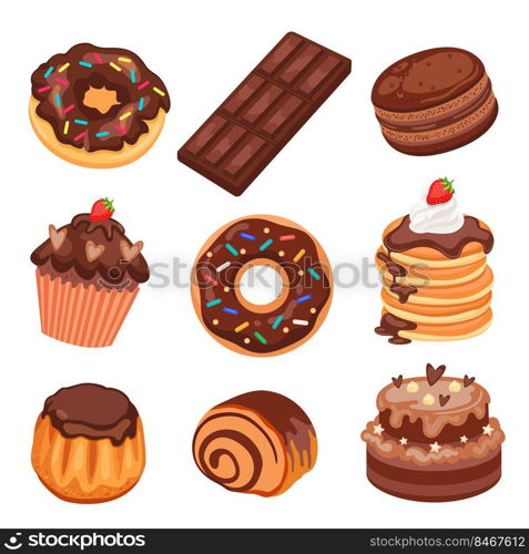 Chocolate desserts, sweet food set. Vector illustrations of choco delicious products in cafe menu. Cartoon cake, dark chocolate bar, roll, pancakes with sauce isolated on white. Confectionery concept. Chocolate desserts, sweet food set