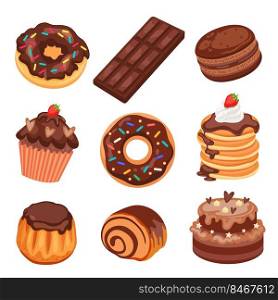 Chocolate desserts, sweet food set. Vector illustrations of choco delicious products in cafe menu. Cartoon cake, dark chocolate bar, roll, pancakes with sauce isolated on white. Confectionery concept. Chocolate desserts, sweet food set