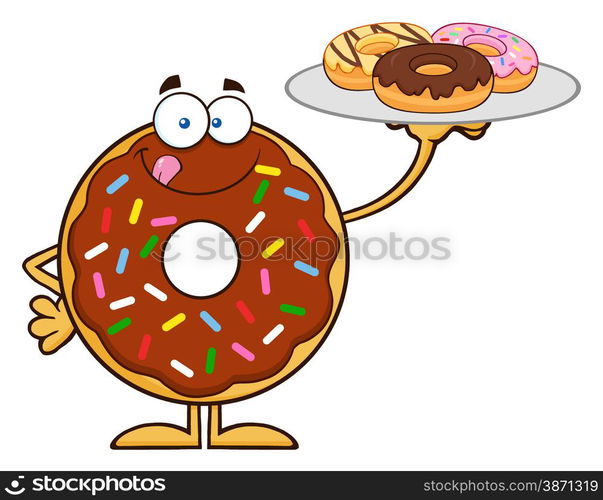 Chocolate Donut Cartoon Character Serving Donuts