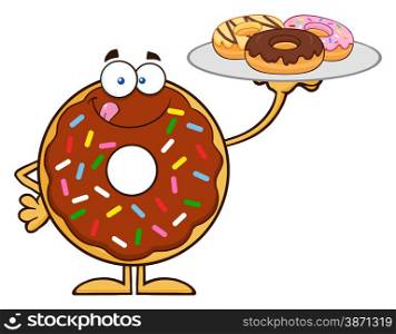 Chocolate Donut Cartoon Character Serving Donuts