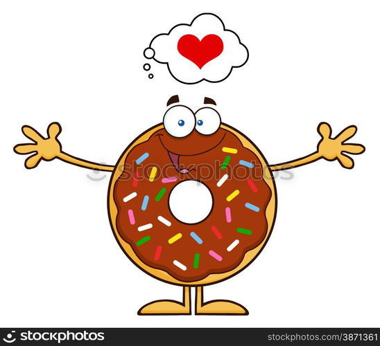 Chocolate Donut Cartoon Character With Sprinkles Thinking Of Love And Wanting A Hug