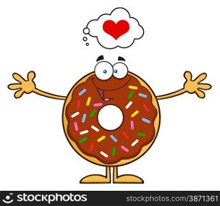 Chocolate Donut Cartoon Character With Sprinkles Thinking Of Love And Wanting A Hug