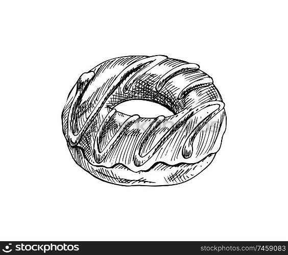 Chocolate donut fast food monochrome sketch outline. Sweet baked cake with hole topped with cream. Take away meals glazed ring vector illustration. Chocolate Donut Fast Food Vector Illustration