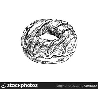 Chocolate donut fast food monochrome sketch outline. Sweet baked cake with hole topped with cream. Take away meals glazed ring vector illustration. Chocolate Donut Fast Food Vector Illustration