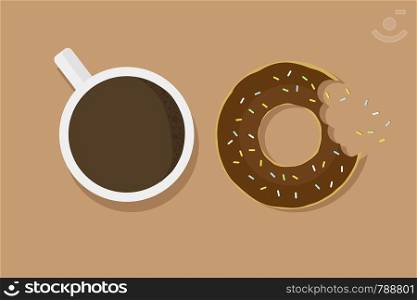 Chocolate donut on brown background mouth bite with cup of coffee with shadow tasty breakfast cafe dessert. Flat design EPS 10