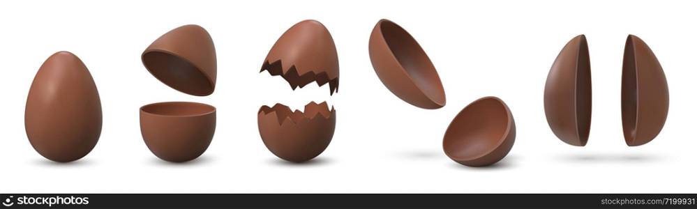 Chocolate eggs. Broken and cracked eggshell with halves and whole egg, Easter holiday celebration realistic symbol. Vector collection sweet dessert set for celebration. Chocolate eggs. Broken and cracked eggshell with halves and whole egg, Easter holiday celebration realistic symbol. Vector sweet dessert set