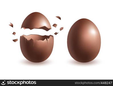 Chocolate eggs broken and whole one. Easter egg template isolated on white background. Finest quality. Vector design element.