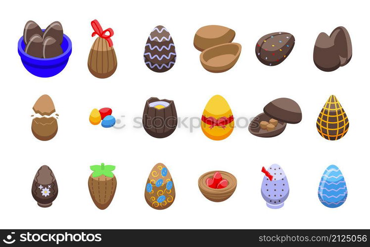 Chocolate eggs icons set isometric vector. Easter candy. Decorated snack. Chocolate eggs icons set isometric vector. Easter candy