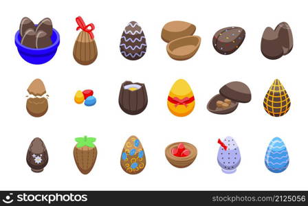 Chocolate eggs icons set isometric vector. Easter candy. Decorated snack. Chocolate eggs icons set isometric vector. Easter candy