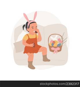Chocolate eggs isolated cartoon vector illustration Smiling little girl wearing in bunny ears and eating delicious chocolate eggs, preparing for Easter religious holiday vector cartoon.. Chocolate eggs isolated cartoon vector illustration