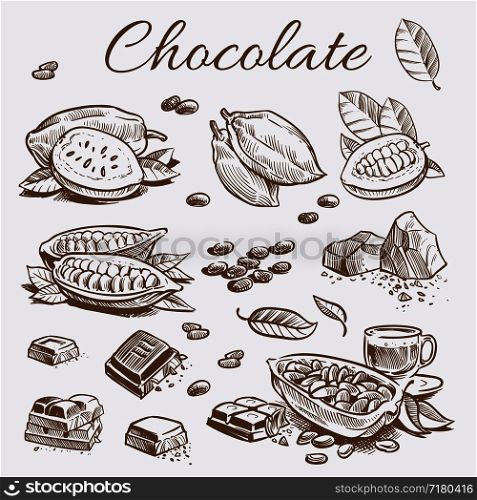 Chocolate elements collection. Hand drawing cocoa beans of set and chocolate bars and leaves. Vector illustration. Chocolate elements collection. Hand drawing cocoa beans, chocolate bars and leaves