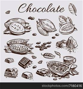 Chocolate elements collection. Hand drawing cocoa beans of set and chocolate bars and leaves. Vector illustration. Chocolate elements collection. Hand drawing cocoa beans, chocolate bars and leaves