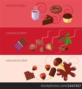 Chocolate flat banners set with pastries desserts ice cream isolated vector illustration