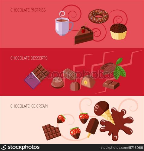 Chocolate flat banners set with pastries desserts ice cream isolated vector illustration