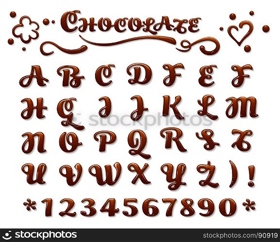 Chocolate font on white background. Vector chocolate font. Liquid sweet letters dessert brown melt chocolate latin letters isolated on white background