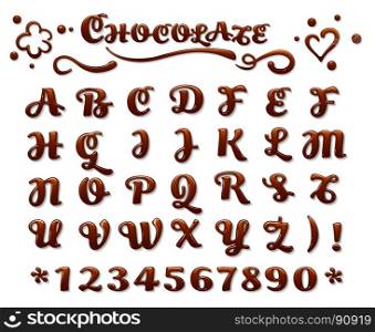 Chocolate font on white background. Vector chocolate font. Liquid sweet letters dessert brown melt chocolate latin letters isolated on white background