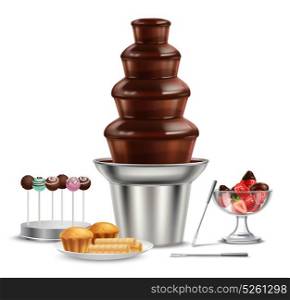 Chocolate Fountain Realistic Composition. Colored chocolate fountain realistic composition with strawberries fondue fruitcake and cake popses vector illustration