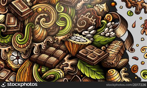 Chocolate hand drawn doodle banner. Cartoon vector detailed flyer. Illustration with cocoa objects and symbols. Colorful horizontal background. Chocolate hand drawn doodle banner. Cartoon vector detailed flyer.