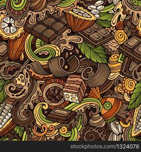 Chocolate hand drawn doodles seamless pattern. Sweet food color background. Cocoa vector cartoon illustration.. Chocolate hand drawn doodles seamless pattern. Cocoa vector illustration.