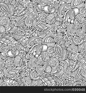Chocolate hand drawn doodles seamless pattern. Sweet food line art background. Cocoa vector cartoon illustration.. Chocolate hand drawn doodles seamless pattern. Cocoa vector illustration.