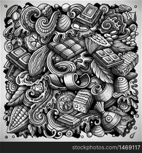 Chocolate hand drawn vector doodles illustration. Choco poster design. Sweet elements and objects cartoon background. Monochrome funny picture. Chocolate hand drawn vector doodles illustration. Choco poster design