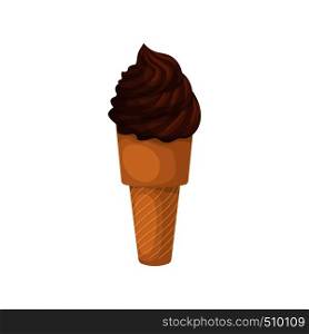 Chocolate ice cream in a waffle cone icon in cartoon style on a white background. Chocolate ice cream in a waffle cone icon