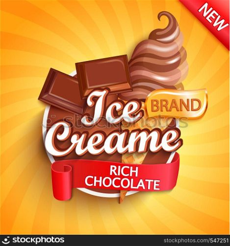 Chocolate Ice cream logo on sunburst background with choco pieces and sundae in cone in cartoon style for your design.Gelato for banner,poster,brand,template and label,packaging,packing, emblem.Vector. Chocolate Ice cream logo, label or emblem.
