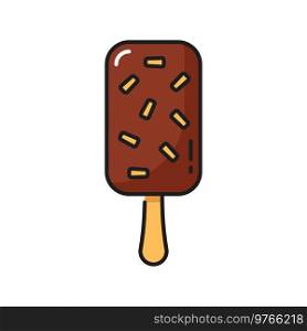 Chocolate ice cream on stick covered by caramel sprinkles isolated color line icon. Vector refreshing summer food, sugary popsicle ice-cream. Yummy sundae ice cream with cocoa topping, thin line. Frozen chocolate ice cream with caramel sprinkles