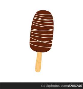 Chocolate ice cream on stick covered by sugar waves, summer dessert. Vector refreshing food, sugary popsicle ice-cream. Yummy sundae with cocoa topping. Chocolate ice cream on stick, eskimo dessert