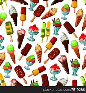 Chocolate ice cream on stick, waffle cone with strawberry and caramel soft serve ice cream, sundae dessert and fruit popsicle seamless pattern background. Food packaging and cafe menu design. Chocolate and fruit ice cream seamless pattern