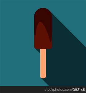 Chocolate ice cream on wooden stick icon. Flat illustration of chocolate ice cream on wooden stick vector icon for web isolated on baby blue background. Chocolate ice cream on wooden stick icon