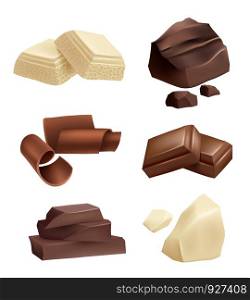 Chocolate icon set. Realistic pictures of chocolate various types. Food dessert sweet, cocoa snack, vector illustration. Chocolate icon set. Realistic pictures of chocolate various types