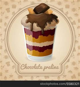 Chocolate layered praline dessert with syrup almond badge and food cooking icons on background poster vector illustration
