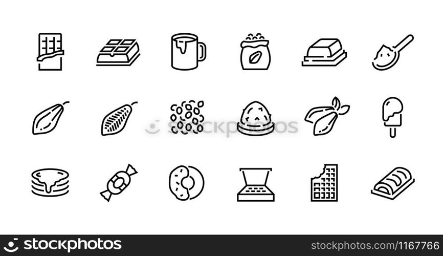 Chocolate line icons. Cocoa pods beans and packs, chocolate candies bars toppings and hot drink. Vector cacao pictograms set organic sweets symbols on white. Chocolate line icons. Cocoa pods beans and packs, chocolate candies bars toppings and hot drink. Vector cacao pictograms set
