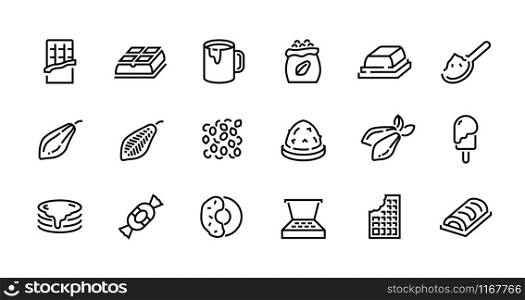 Chocolate line icons. Cocoa pods beans and packs, chocolate candies bars toppings and hot drink. Vector cacao pictograms set organic sweets symbols on white. Chocolate line icons. Cocoa pods beans and packs, chocolate candies bars toppings and hot drink. Vector cacao pictograms set