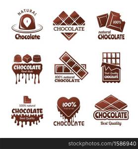 Chocolate logo. Sweets stylized badges chef and kitchen cooking desserts concept vector illustrations. Chocolate sweet and dessert, label and badge for menu of pastry. Chocolate logo. Sweets stylized badges chef and kitchen cooking desserts concept vector illustrations