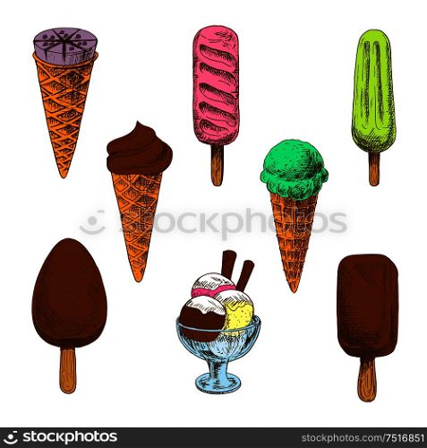 Chocolate, mint and blueberry ice cream cones sketches with strawberry and fruit popsicles, chocolate covered vanilla ice cream and ice cream sundae dessert with whipped cream. Colorful sketches of ice cream desserts