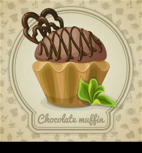 Chocolate muffin dessert poster in frame and cooking icons on background vector illustration
