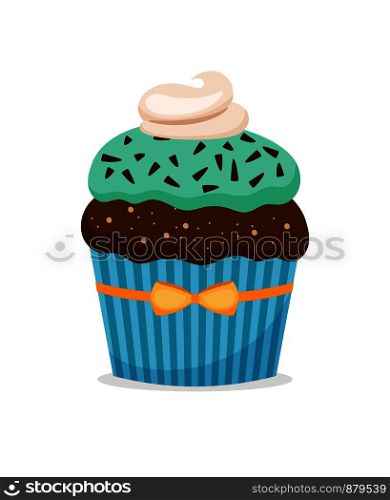 Chocolate muffin or brownie cupcake with blue frosting. Birthday vector icon on white background. Brownie cupcake with blue frosting