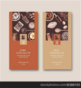 chocolate packing design with milk and cup, watercolor illustration design