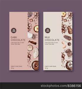 chocolate packing design with milk and cup, watercolor illustration design