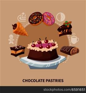 Chocolate pastries round composition with cake, swiss roll, donuts on beige background flat vector illustration. Chocolate Pastries Round Composition 