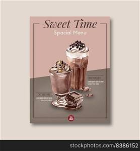 chocolate poster design with chocolate chip drink frappe, watercolor illustration design