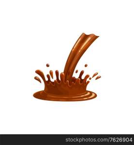 Chocolate pour and splash, liquid drop sauce, vector isolated icon. Chocolate flow of dark cocoa candy cream with swirls and pour splash drops and drips, cacao drink and syrup melt stream. Chocolate pour and splash, liquid drops flow