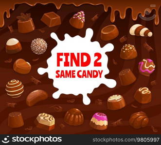 Chocolate praline and fudge, souffle, truffle and jelly, hazelnut candy and bonbon confectionery find two same candies. Vector kids game worksheet with cartoon choco sweet desserts children riddle. Chocolate praline and fudge find two same candies