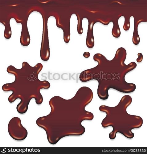 Chocolate realistic drops and blots vector set. Chocolate realistic drops and blots. Vector illustration of sticky milk chocolate droplets