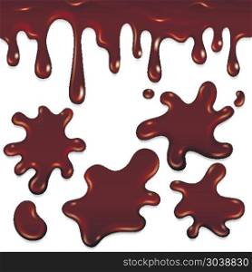 Chocolate realistic drops and blots vector set. Chocolate realistic drops and blots. Vector illustration of sticky milk chocolate droplets